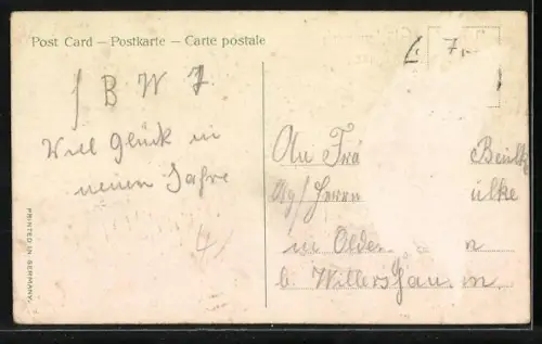 AK Blumengeschmücktes Flugzeug fliegt über ein fahrendes Auto, Neujahrsgruss