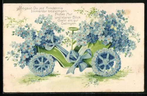 Präge-AK Blumenauto aus Vergissmeinnicht, Mögest du jed` Hindernis Immerdar bezwingen...