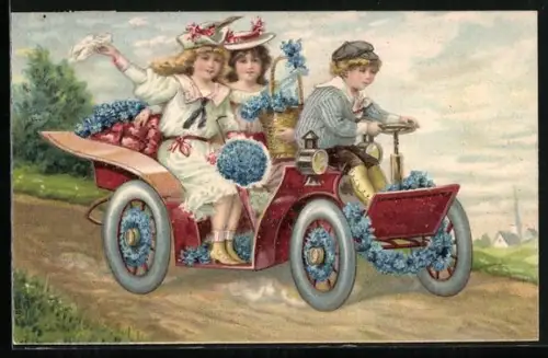 AK Junger Mann und zwei Frauen mit Blumenkorb im Auto