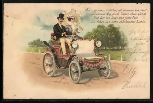 Lithographie Gutbürgerliches Paar beim Ausflug mit zeitgenössischen Automobil