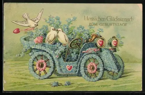 Lithographie Glückwunsch zum Geburtstage, Vergissmeinnicht-Automobil und weisse Tauben