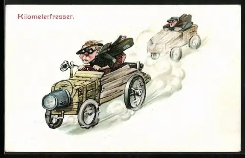 AK Zwei junge Männer rasen mit selbstgebauten Autos durch die Gegend