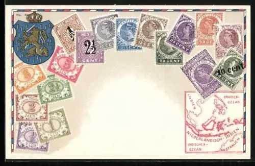 Künstler-AK Niederländisch-Indien, Landkarte mit Philippinen, Indien und Australien, Briefmarken und Wappen