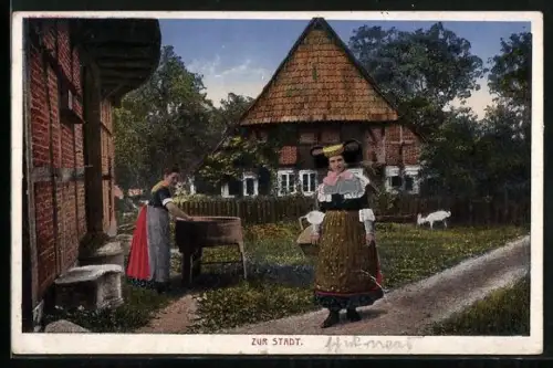 AK Mägde in Volkstrachten aus Bückeburg und Schaumburg-Lippe auf dem Weg zur Stadt