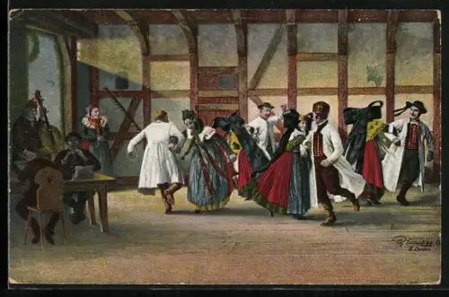 Künstler-AK Schaumburg-Lippe, Nationaltanz der Achttourige, Tänzer in Landestracht