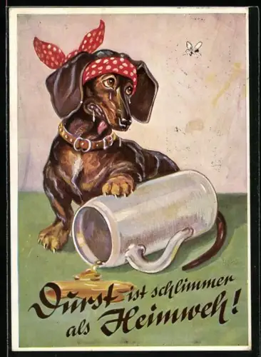 AK Gruss vom Oktoberfest - Dackel bettelt um ein weiteres Bier