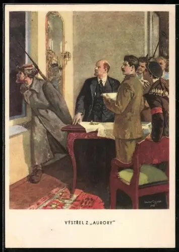 Künstler-AK Lenin und Stalin an einem Tisch
