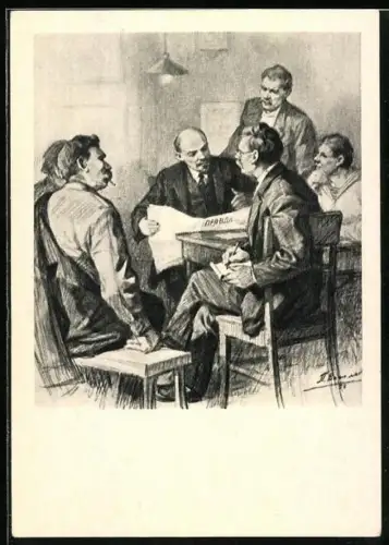 Künstler-AK Lenin sitzt mit weiteren Herren bei Tisch und liest Zeitung