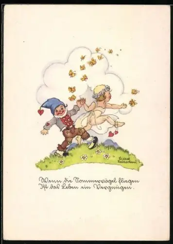 Künstler-AK Liesel Lauterborn: Wichtel und Elfe mit Schmetterlingen