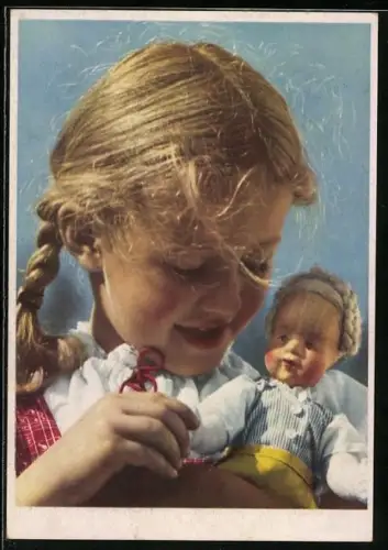 AK blondes Mädchen mit einer Puppe