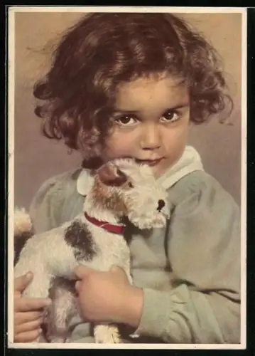 AK Mädchen mit Spielzeug-Foxterrier im Arm