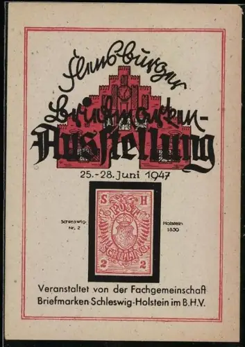 AK Flensburg, Briefmarken-Ausstellung 1947, veranstaltet von der Fachgemeinschaft Briefmarken Schleswig-Holstein