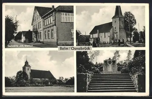 AK Belm, Gaststätte Joh. Bretholt, Kirche, Ehrenmal