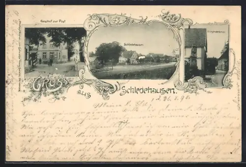 AK Schledehausen / Bissendorf, Gasthof zur Post, Kriegerdenkmal und Ortsansicht