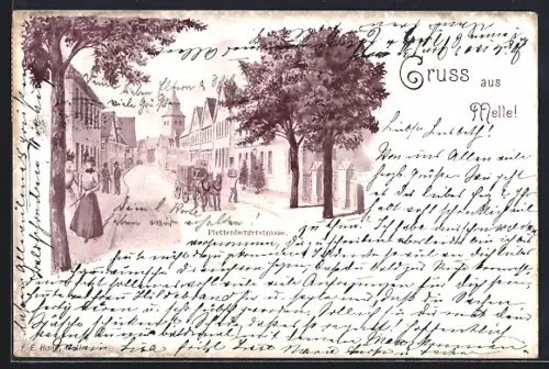 Künstler-AK Melle, Plettenbergerstrasse mit Kutsche und Passanten