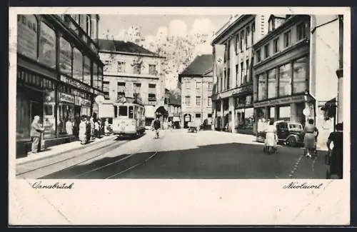 AK Osnabrück, Nicolaiort, Strassenbahn und Central-Drogerie, 