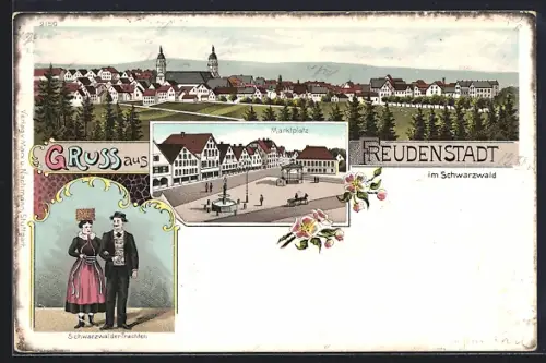 Lithographie Freudenstadt im Schwarzwald, Marktplatz, Schwarzwälder Trachten und Totalansicht