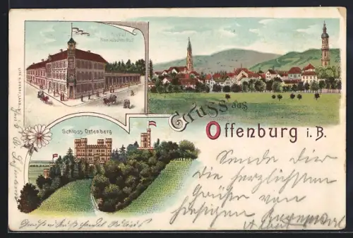 Lithographie Offenburg i. B., Hotel Rheinischer Hof, Schloss Ortenberg