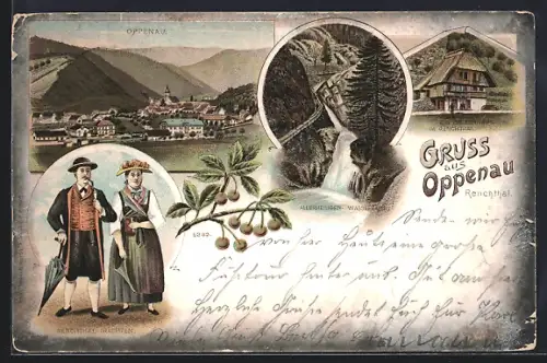 Lithographie Oppenau /Renchthal, Bauernhaus, Trachten, Allerheiligen-Wasserfall und Ortsansicht