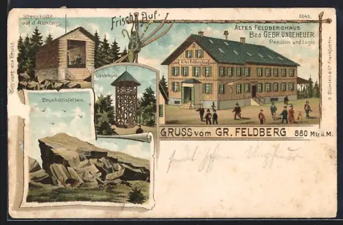 Lithographie Gr. Feldberg / Taunus, Pension und Logis Altes Feldberghaus, Brunhildisfelsen, Lipstempel