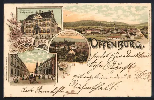 Lithographie Offenburg, Rathaus mit Drakedenkmal, Lehr- und Erziehungsanstalt, Bahnhofstrasse