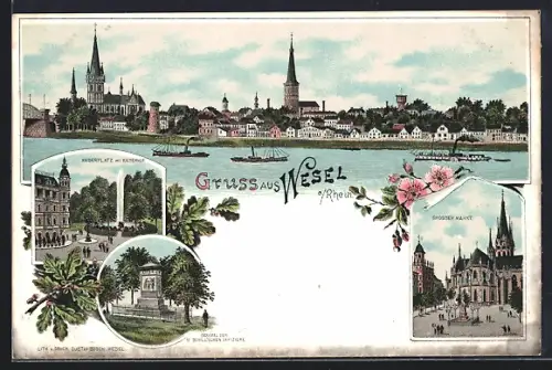 Lithographie Wesel /Rhein, Grosser Markt, Kaiserplatz mit Kaiserhof, Stadtpanorama am Rhein