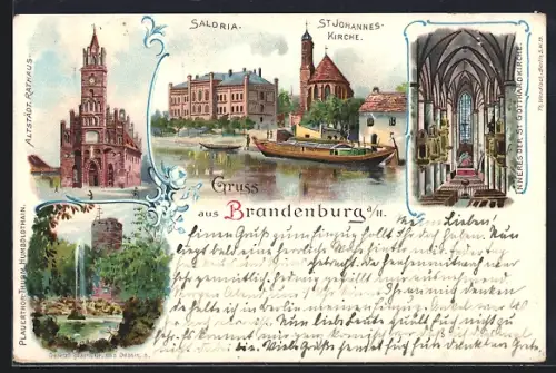 Lithographie Brandenburg / Havel, St. Johanneskirche, Rathaus, Innenansicht St. Gotthardkirche