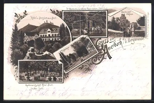 Lithographie Auerbach / Bergstrasse, Hotel und Pension zur Post, Fürstenlager, Schloss