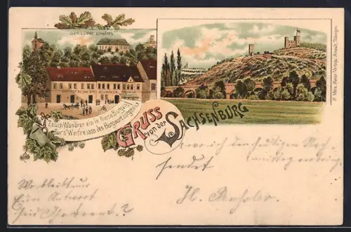 Lithographie Sachsenburg / Heldrungen, Gasthaus zu den drei Schwänen, Blick zur Sachsenburg