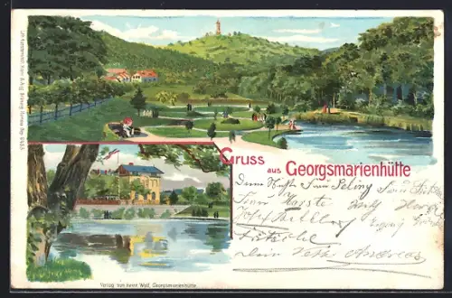Lithographie Georgsmarienhütte, Blick auf Parkanlage und See