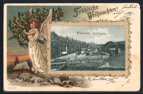 Passepartout-Lithographie Dresden-Blasewitz, Blick auf den Schillerplatz, Strassenbahn, Weihnachtsengel mit Tannenbaum