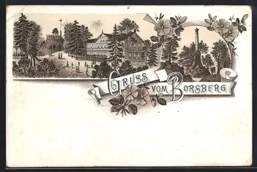 Lithographie Dresden-Rockau, Partie mit Gasthaus, Denkmal & Gradmessungssäule