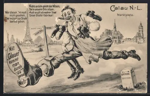 Grusskarten-AK Calau /N.-L., Mann rennt mit Stiefeln umher, Marktplatz
