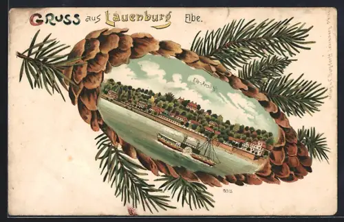 Passepartout-Lithographie Lauenburg /Elbe, Elb-Ansicht mit Dampfer in Tannenzapfen-Passepartout