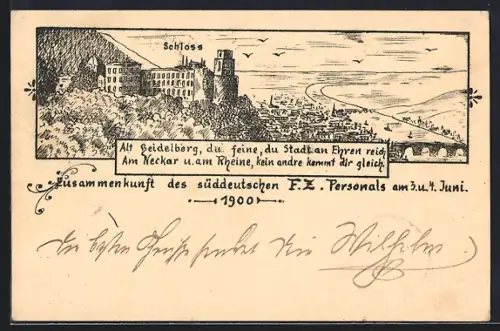 Lithographie Heidelberg, Zusammenkunft des süddeutschen F. Z. Personals 1900, Schloss
