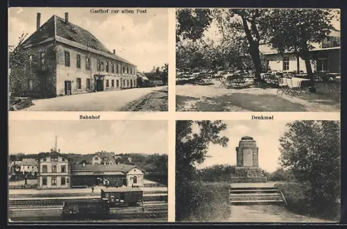 AK Ostrau /Sachsen, Gasthof zur alten Post, Bes. Alfred Thieme, Bahnhof, Denkmal