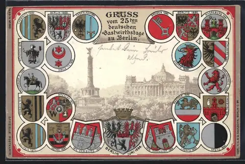 Lithographie Berlin-Neukölln, 25. deutscher Gastwirthstag im Juni 1898, Wappen von Liegnitz, Gotha und Metz