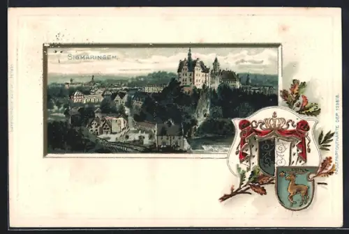 Passepartout-Lithographie Sigmaringen, Ortsansicht aus der Vogelschau mit Wappen