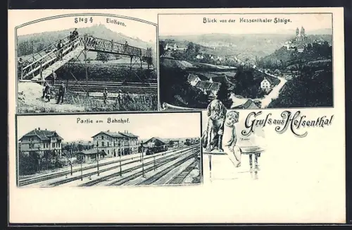 AK Hessenthal / Schwäb. Hall, Bahnhof Bahnsteigseite, Steg & Einkorn, Blick von der Hessenthaler Staige