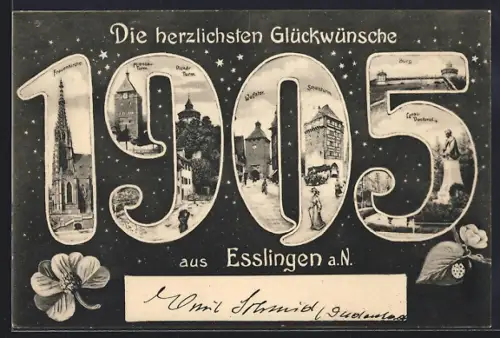 Grusskarten-AK Esslingen a. N., Frauenkirche, Burg, Wolfstor in der Jahreszahl 1905