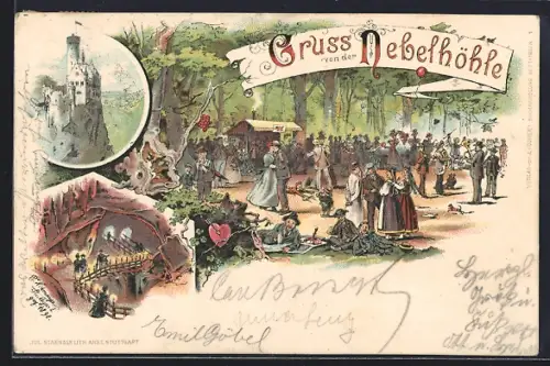 Lithographie Sonnenbühl, Gasthaus & Volksfest Nebelhöhle, Höhle, Burg