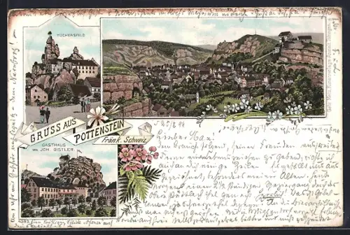 Lithographie Pottenstein /Fränk. Schweiz, Gasthaus von Joh. Distler, Tüchersfeld