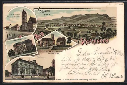 AK Spaichingen, Gewerbemuseum, Stadtpfarrhaus, Schulhaus, Dreifaltigksietskirche m. Messnerhaus