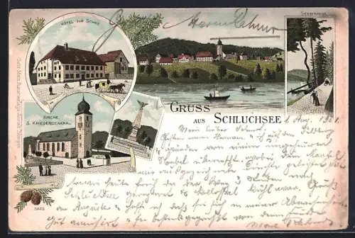 Lithographie Schluchsee, Hotel zum Schiffe, Kirche & Kriegerdenkmal, Seestrasse