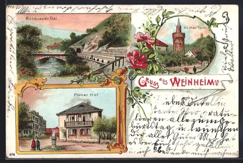 Lithographie Weinheim a. d. B., Birkenauer Thai, Pfälzer Hof, Rother Turm