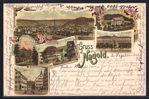 Lithographie Nagold, Markstrasse, Hohennagold, Postplatz, Lehrerseminar, Bad Röthenbach, Ortsansicht