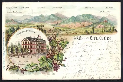 Lithographie Offenburg, Bahnhof-Hotel-Offenburg, Eigentümer L. Ketterer, Panorama
