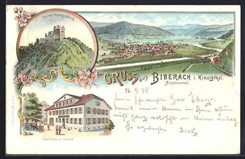 Lithographie Biberach i. Kinzigthal, Gasthaus zur Sonne, Ruine Hohengeroldseck, Totalansicht
