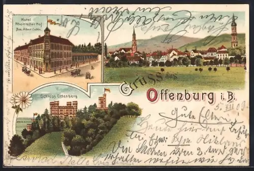 Lithographie Offenburg i. B., Hotel Rheinischer Hof, Schloss Ortenberg