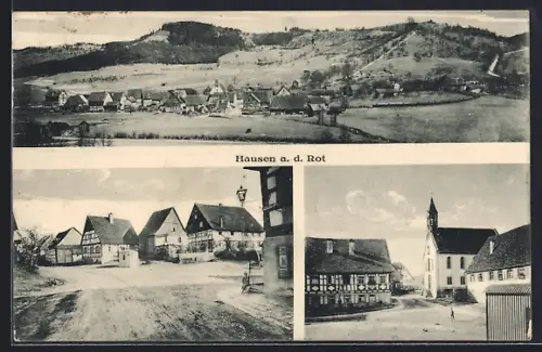 AK Hausen a. d. Rot, Totalansicht, Partie an der Kirche, Dorfpartie mit Wohnhäusern